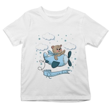 T-shirt bambino personalizzata con nome orsetto sull'aereo Divertenti