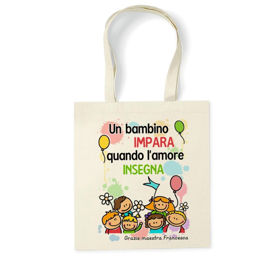 Shopper bag personalizzata con nome un bambino impara quando l’amore insegna grazie maestra Per insegnanti