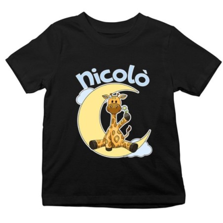 T-shirt bambino personalizzata con nome giraffa sulla luna