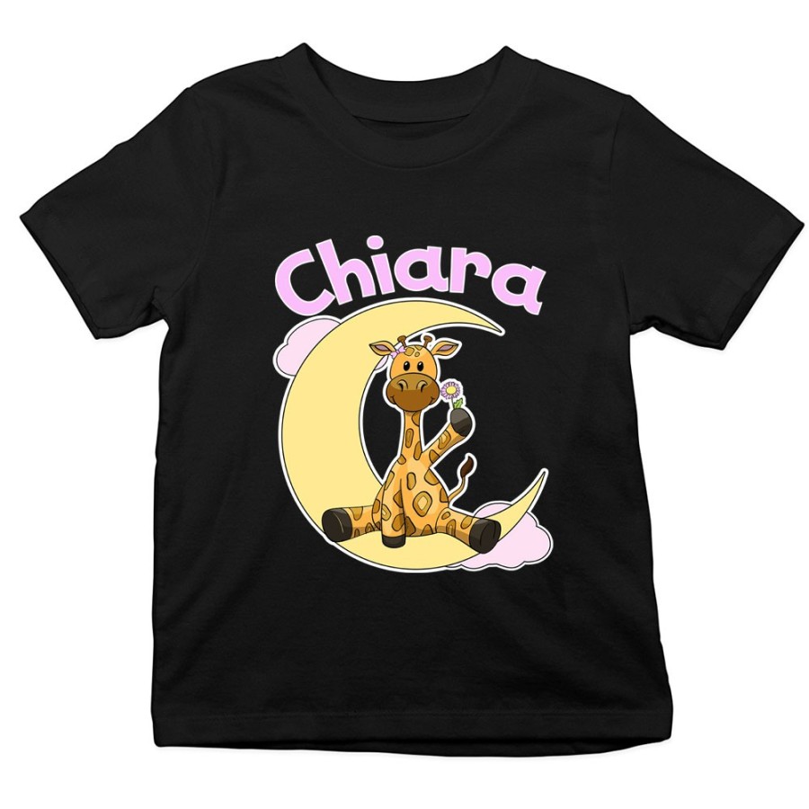 T-shirt bambino personalizzata con nome giraffa sulla luna Divertenti