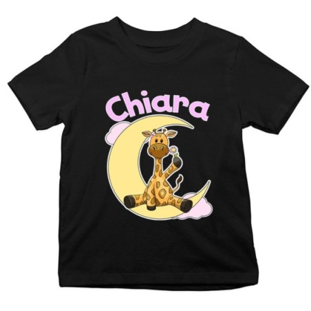 T-shirt bambino personalizzata con nome giraffa sulla luna Divertenti