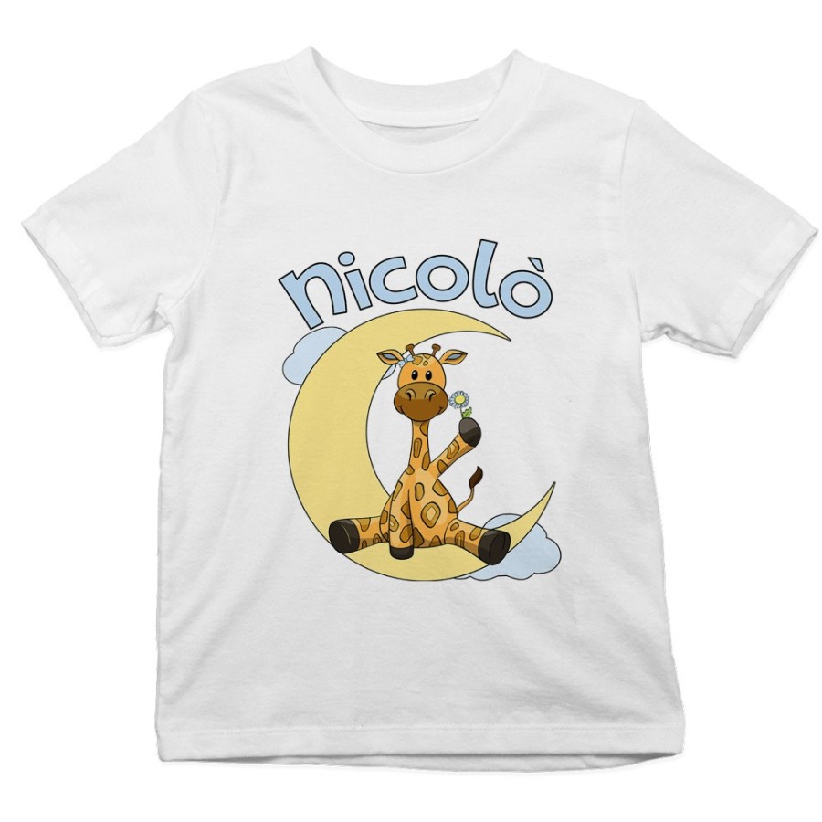 T-shirt bambino personalizzata con nome giraffa sulla luna Divertenti