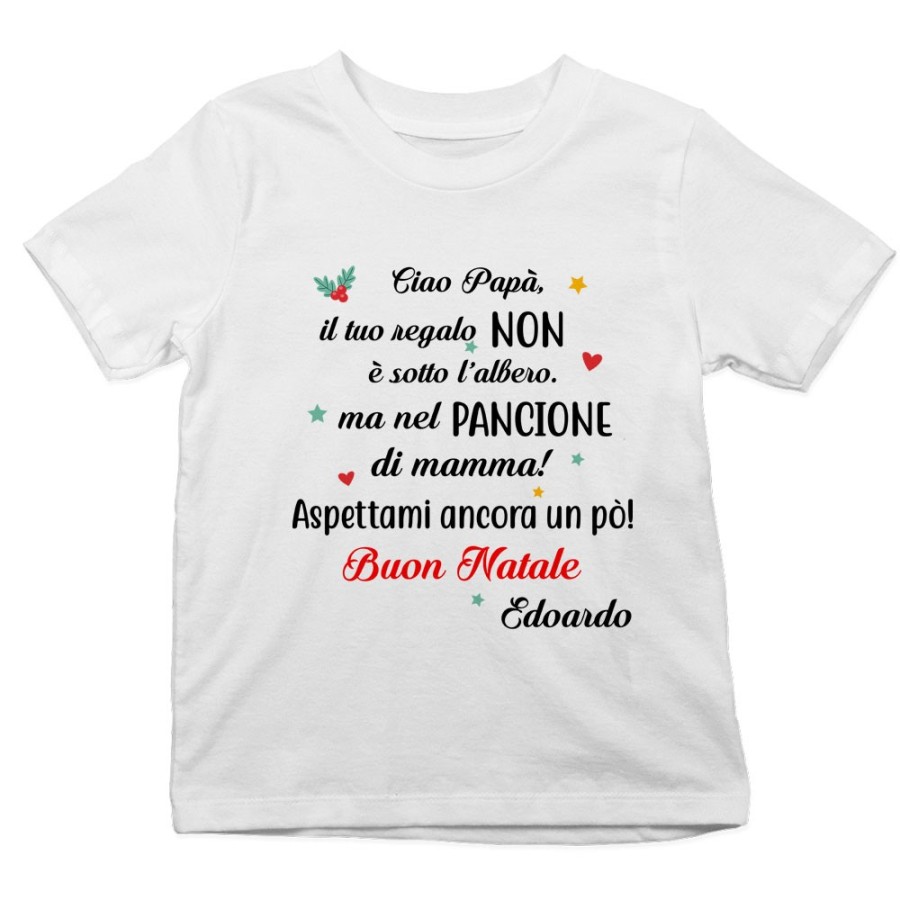 T-shirt bambino personalizzata con nome papà il tuo regalo è nel pancione di mamma Natale