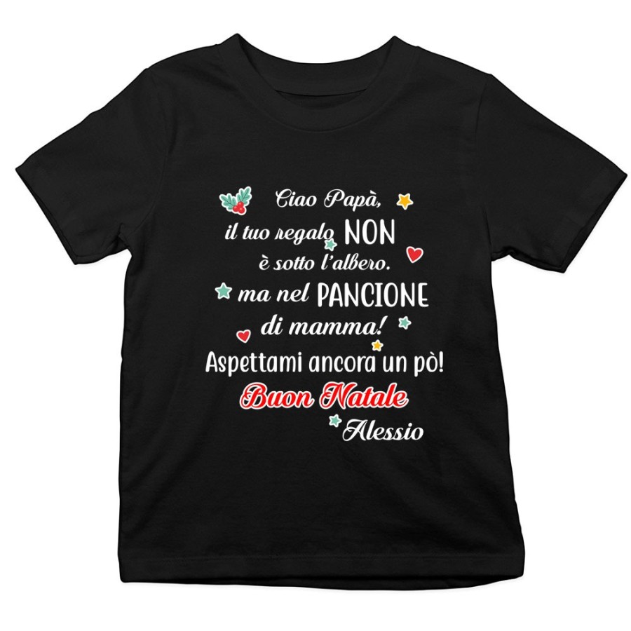 T-shirt bambino personalizzata con nome papà il tuo regalo è nel pancione di mamma Natale