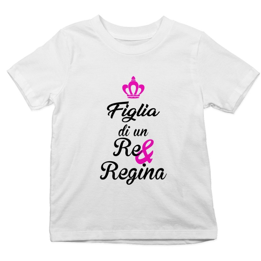 T-shirt bambino figlio figlia di un re e di una regina con corona azzurra fucsia Per la famiglia