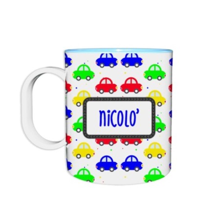 Tazza per la scuola personalizzata con nome con macchinine