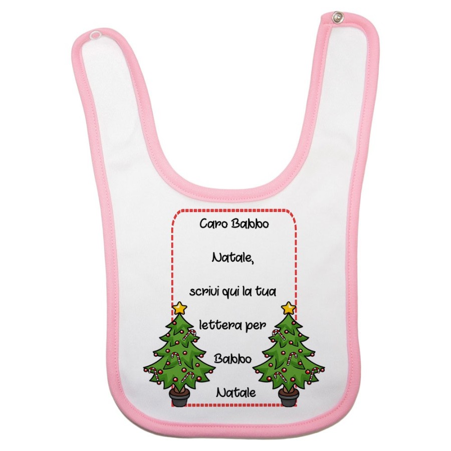 Bavaglino neonato personalizzato con testo lettera a babbo natale con alberi di natale Natale