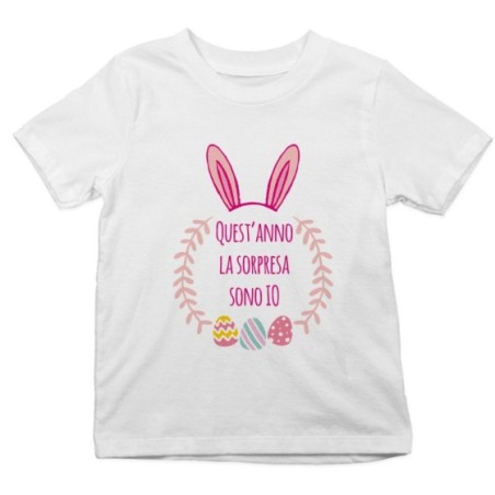 T-shirt bambino personalizzabile con nome quest'anno la sorpresa sono io Pasqua