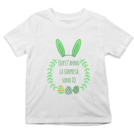 T-shirt bambino personalizzabile con nome quest'anno la sorpresa sono io Pasqua