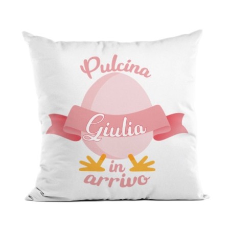 Cuscino personalizzabile con nome pulcino in arrivo