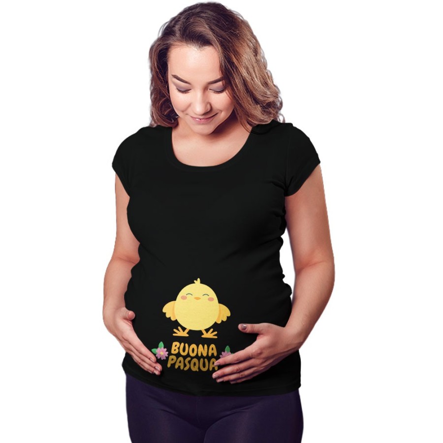 Maglia premaman personalizzabile con nome buona pasqua dal pulcino Pasqua
