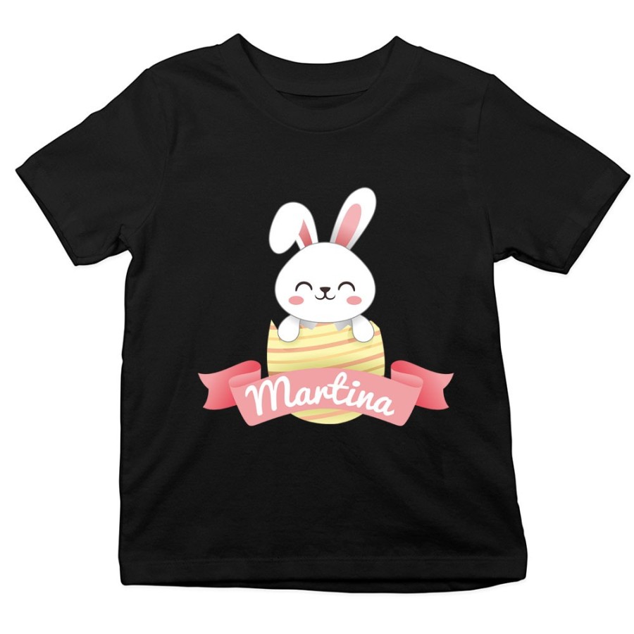 T-shirt bambino personalizzata con nome coniglietto che esce dall'ovetto Pasqua