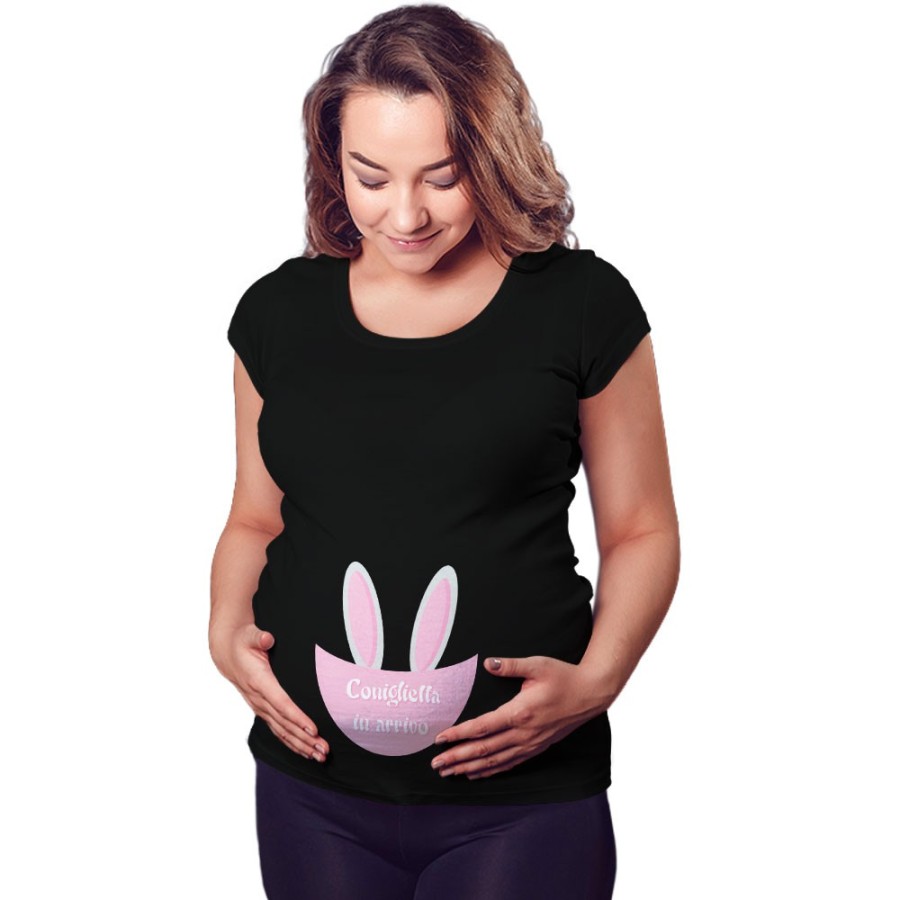 Maglia premaman personalizzabile con nome coniglietto in arrivo Pasqua