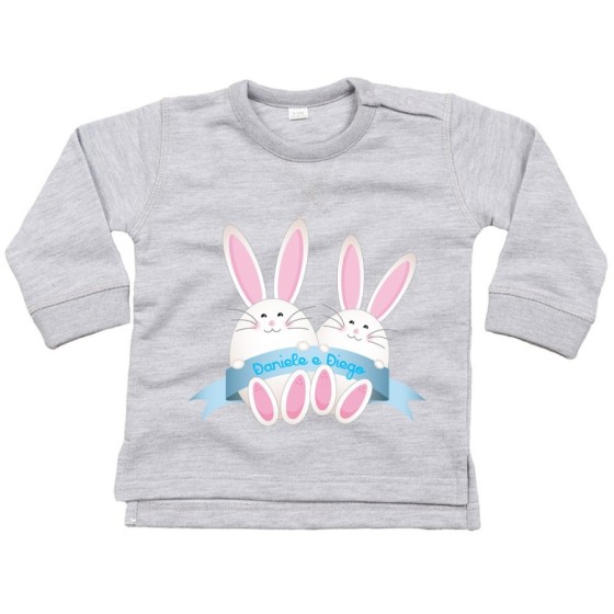 Felpa neonato personalizzabile con nomi coniglietti gemelli Pasqua