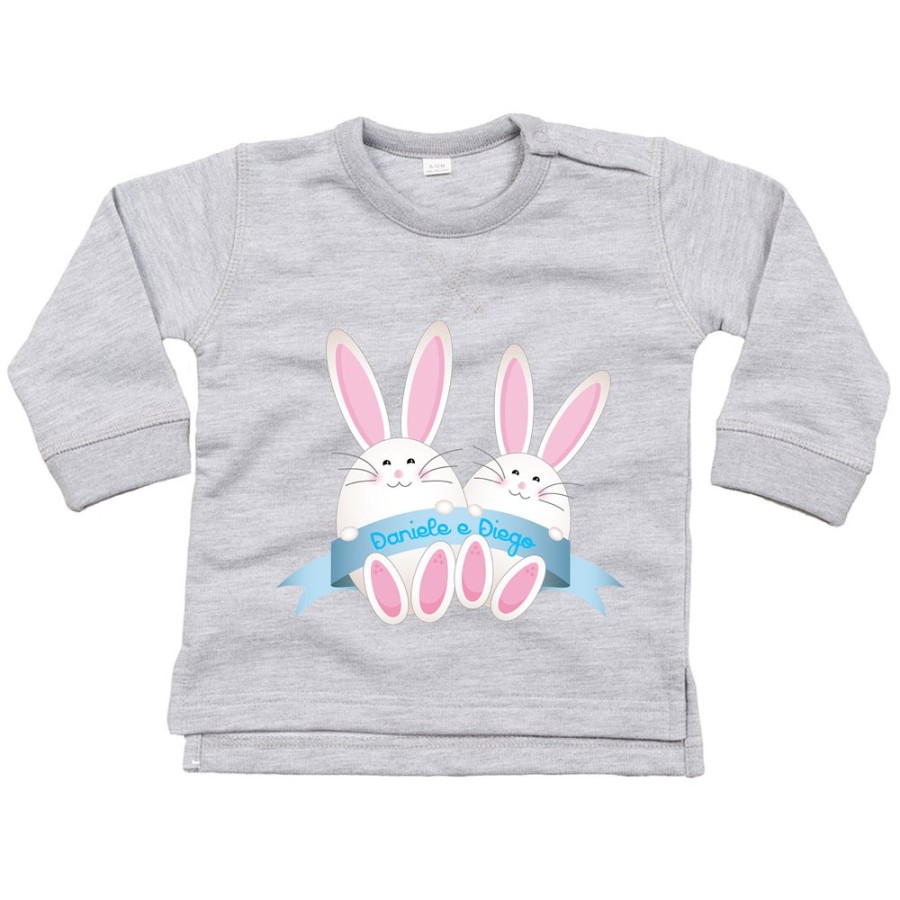Felpa neonato personalizzabile con nomi coniglietti gemelli Pasqua