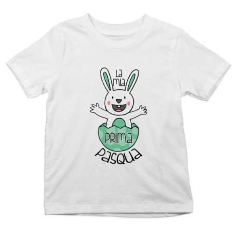 T-shirt bambino personalizzabile con nome prima pasqua coniglietto che esce dall'uovo Pasqua