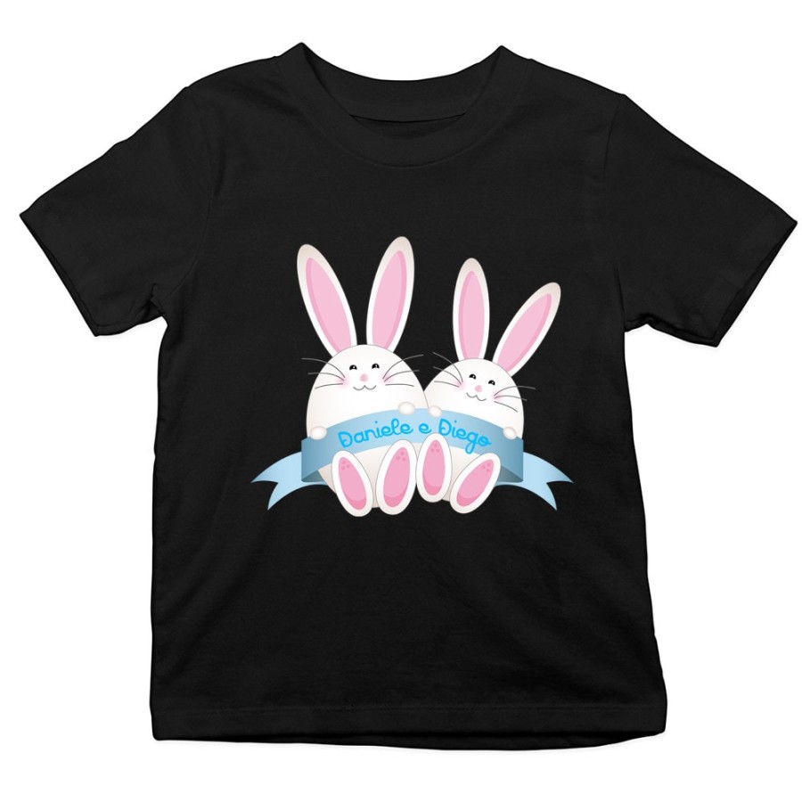 T-shirt bambino personalizzabile con nomi coniglietti gemelli Pasqua