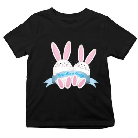 T-shirt bambino personalizzabile con nomi coniglietti gemelli Pasqua