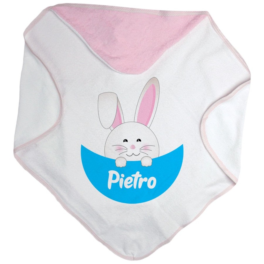 Accappatoio neonato personalizzato con nome coniglietto che esce dalla tasca Pasqua