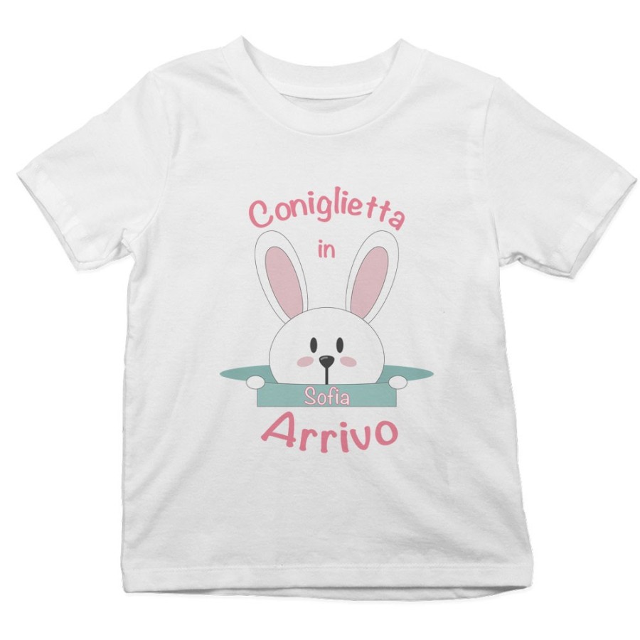 T-shirt bambino personalizzabile con nome coniglietto in arrivo Pasqua
