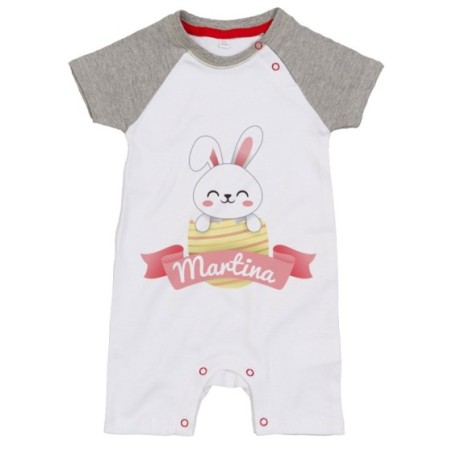 Pagliaccetto neonato personalizzato con nome coniglietto che esce dall'ovetto Pasqua
