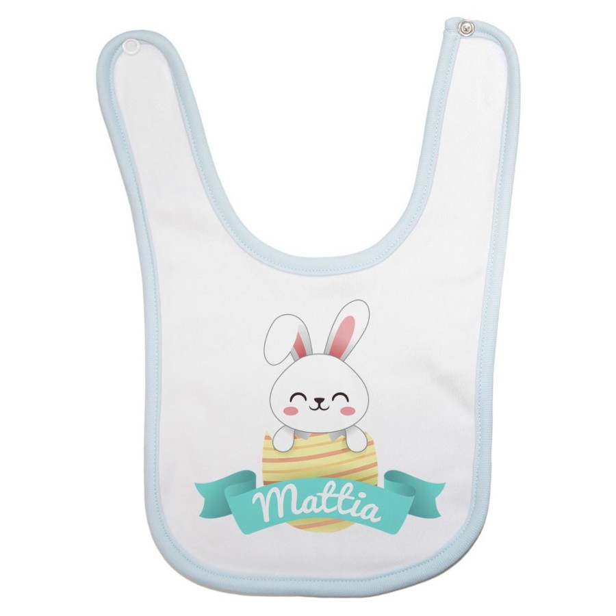 Bavaglino neonato personalizzato con nome coniglietto che esce dall'ovetto Pasqua