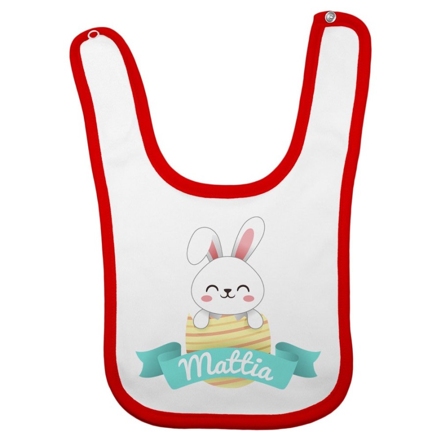 Bavaglino neonato personalizzato con nome coniglietto che esce dall'ovetto Pasqua
