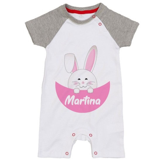 Pagliaccetto neonato personalizzato con nome coniglietto che esce dalla tasca Pasqua