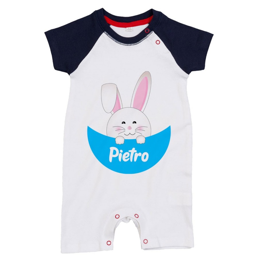 Pagliaccetto neonato personalizzato con nome coniglietto che esce dalla tasca Pasqua