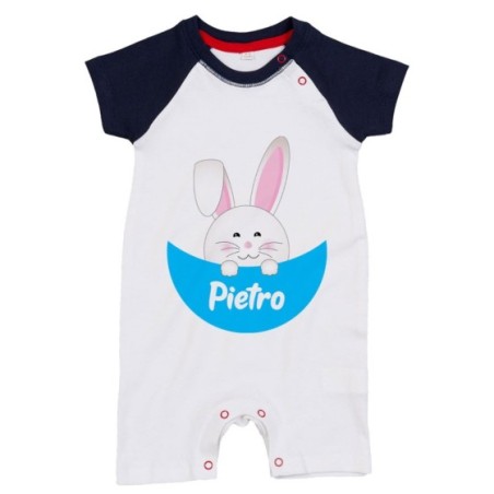 Pagliaccetto neonato personalizzato con nome coniglietto che esce dalla tasca Pasqua