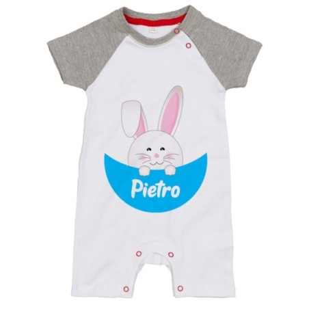 Pagliaccetto neonato personalizzato con nome coniglietto che esce dalla tasca Pasqua