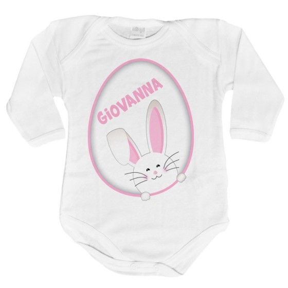 Body neonato personalizzato con nome coniglietto sbuca dall'uovo Pasqua