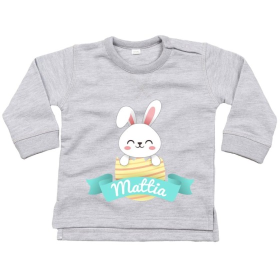 Felpa neonato personalizzata con nome coniglietto che esce dall'ovetto Pasqua