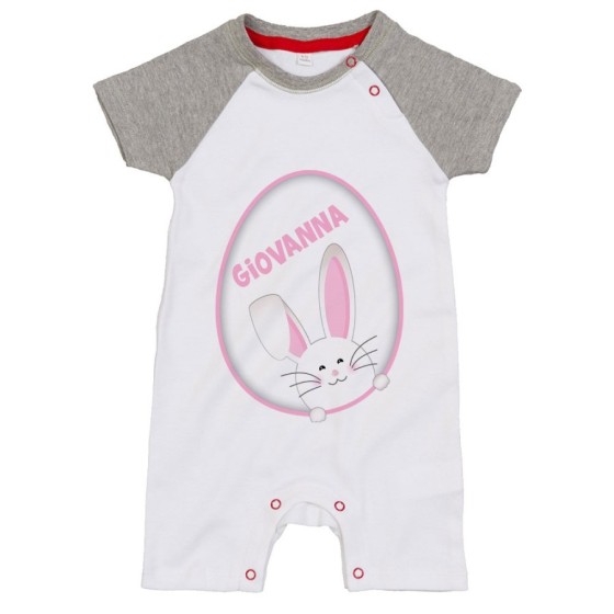 Pagliaccetto neonato personalizzato con nome coniglietto sbuca dall'uovo Pasqua