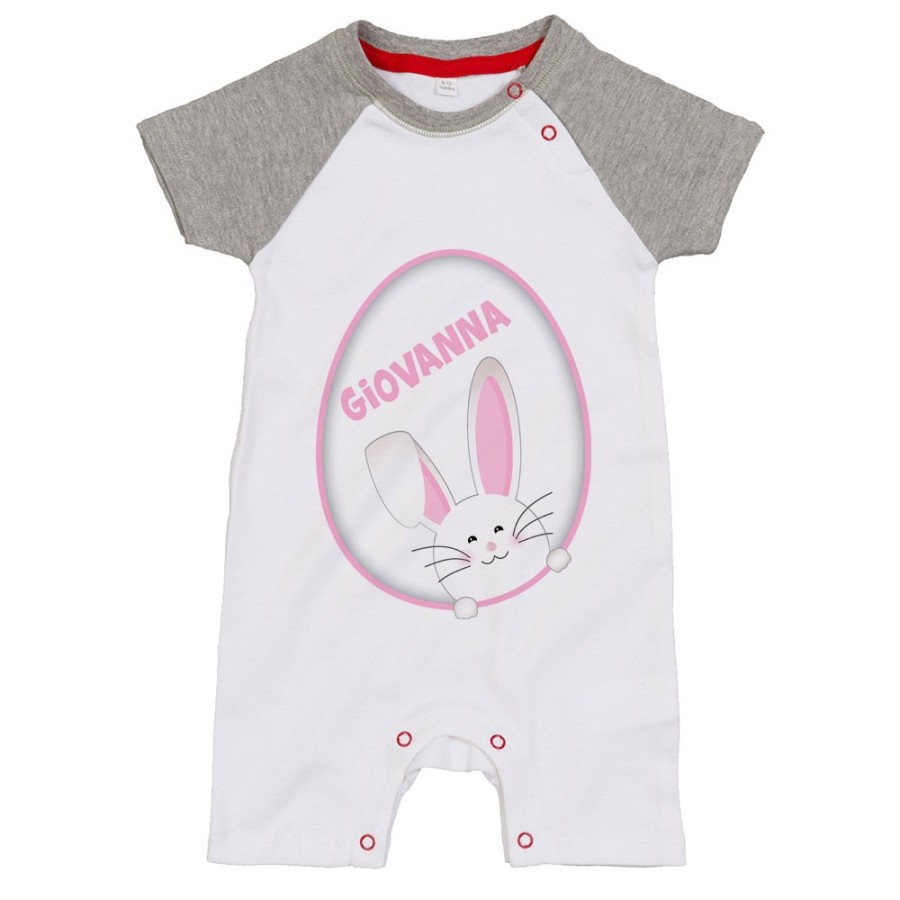 Pagliaccetto neonato personalizzato con nome coniglietto sbuca dall'uovo Pasqua