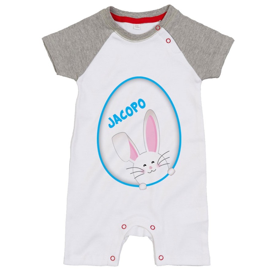 Pagliaccetto neonato personalizzato con nome coniglietto sbuca dall'uovo Pasqua
