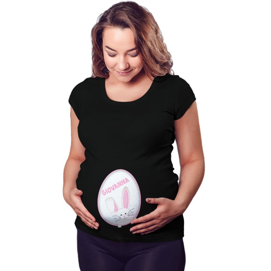 Maglia premaman personalizzata con nome coniglietto sbuca dall'uovo Pasqua