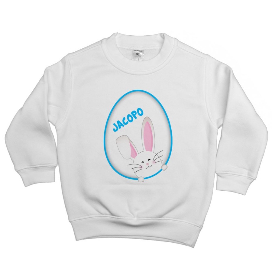 Felpa bambino personalizzata con nome coniglietto sbuca dall'uovo Pasqua
