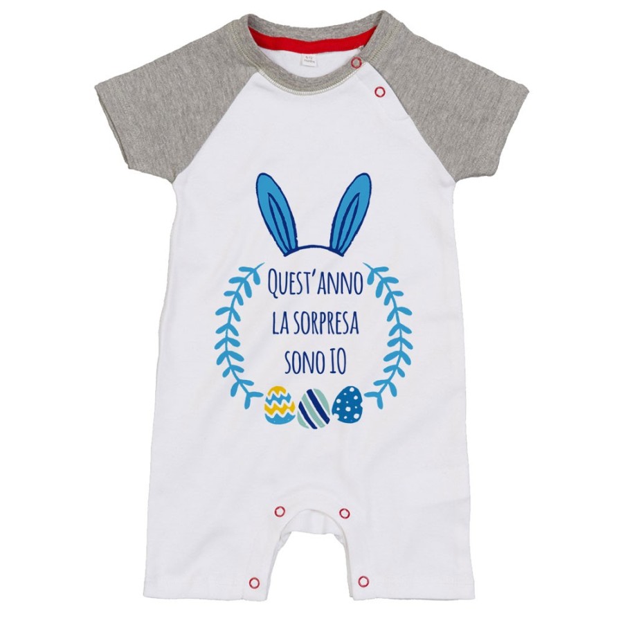Pagliaccetto neonato personalizzabile con nome quest'anno la sorpresa sono io Pasqua