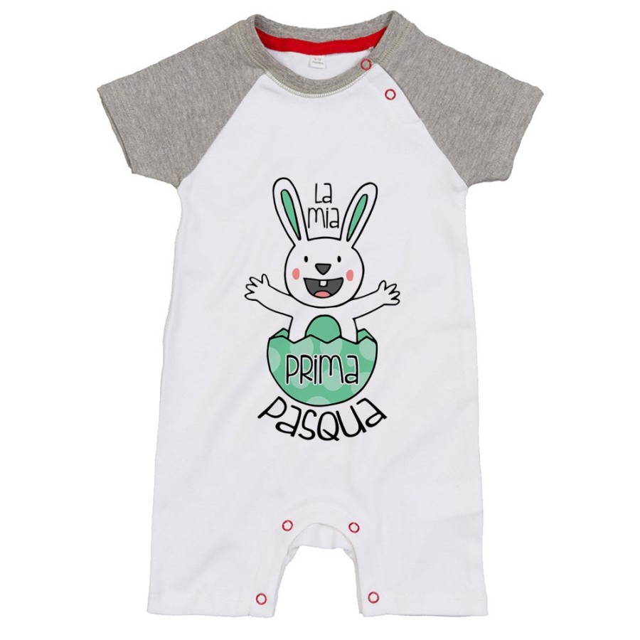 Pagliaccetto neonato personalizzabile con nome prima pasqua coniglietto che esce dall'uovo Pasqua