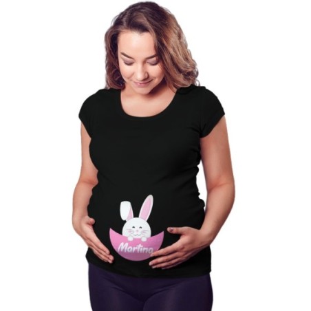 Maglia premaman personalizzata con nome coniglietto che esce dalla tasca Pasqua
