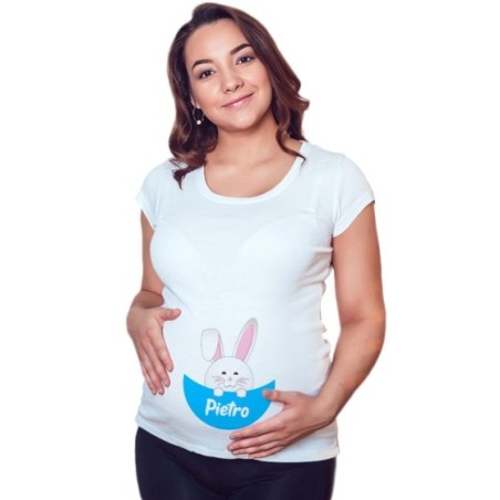 Maglia premaman personalizzata con nome coniglietto che esce dalla tasca Pasqua