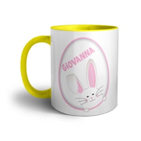 Tazza personalizzata con nome coniglietto sbuca dall'uovo Pasqua