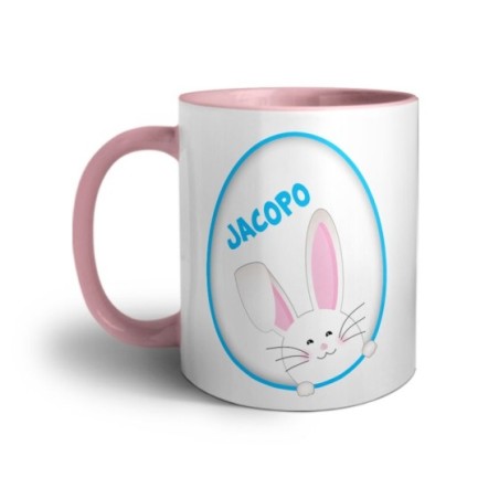 Tazza personalizzata con nome coniglietto sbuca dall'uovo Pasqua