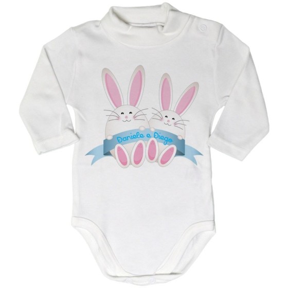Body lupetto neonato personalizzabile con nomi coniglietti gemelli Pasqua