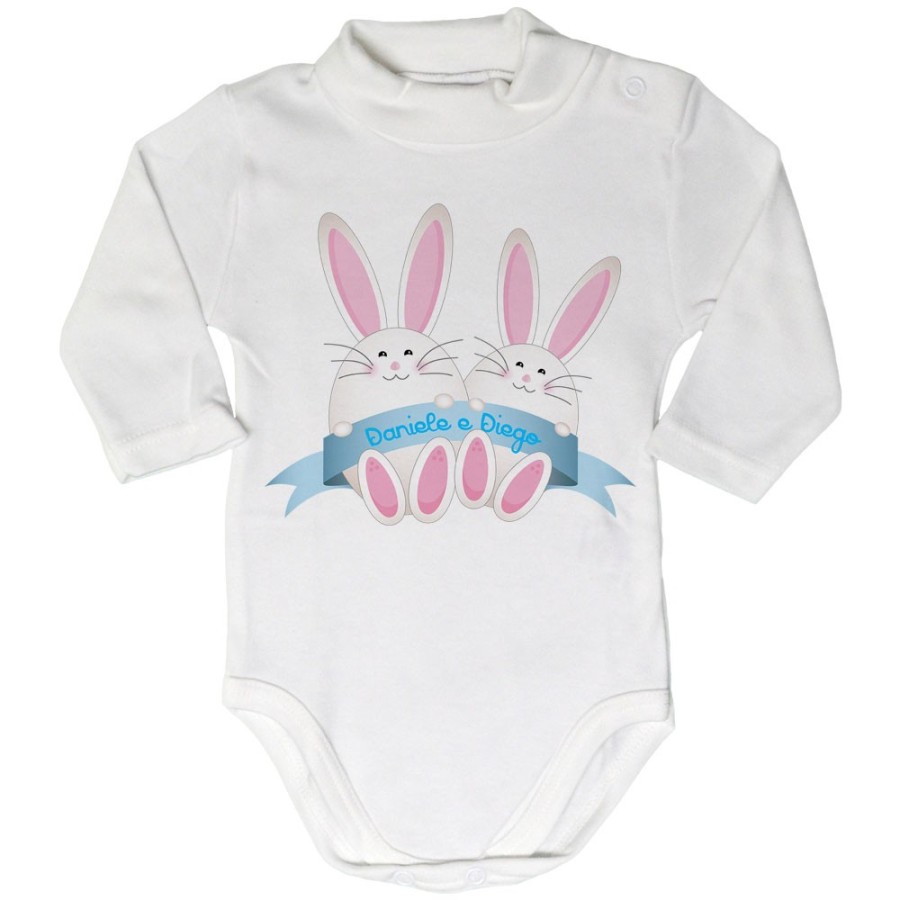 Body lupetto neonato personalizzabile con nomi coniglietti gemelli Pasqua