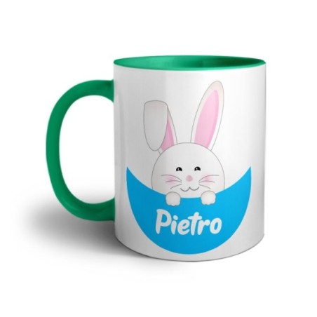 Tazza personalizzata con nome congilietto che esce dalla tasca Pasqua