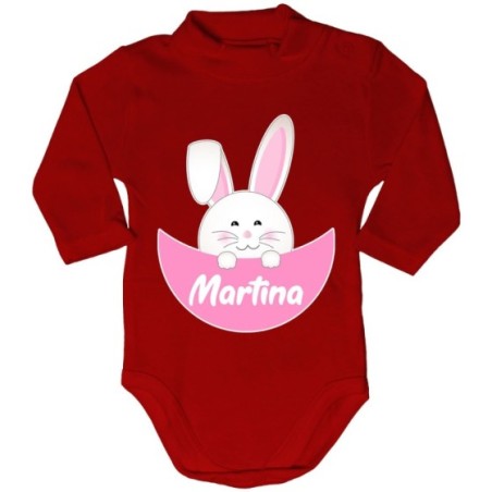 Body lupetto neonato personalizzato con nome coniglietto che esce dalla tasca Pasqua