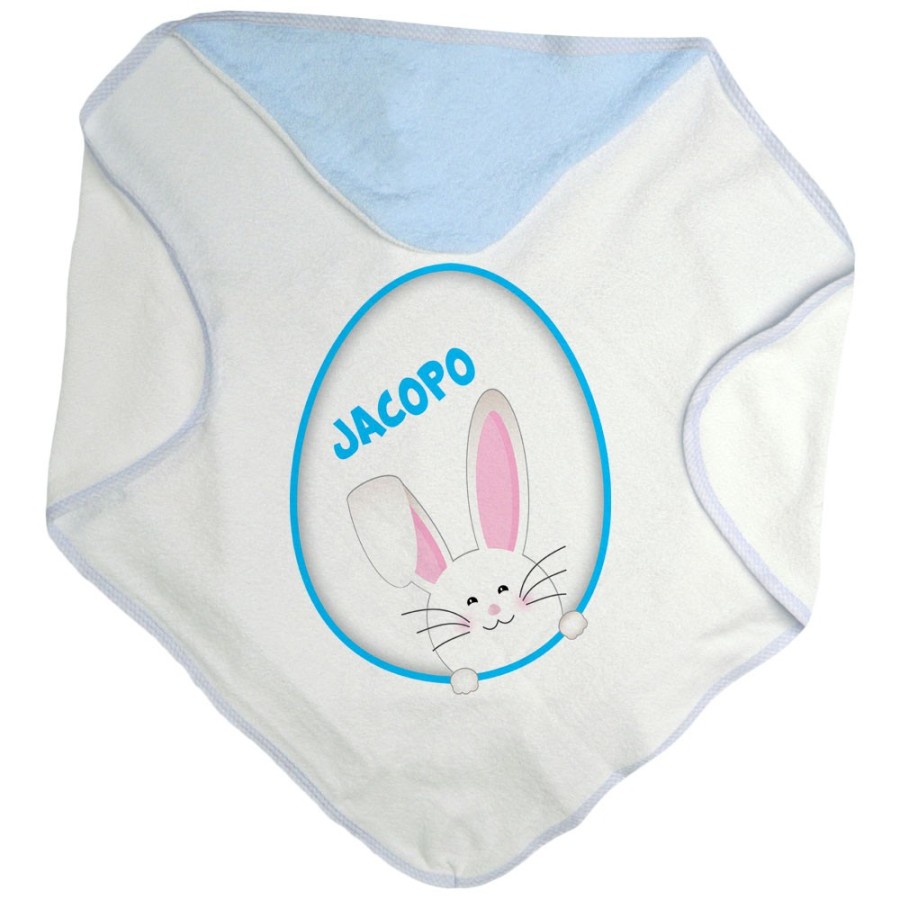 Accappatoio neonato personalizzato con nome coniglietto sbuca dall'uovo Pasqua