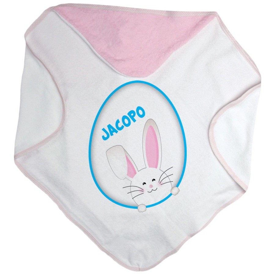 Accappatoio neonato personalizzato con nome coniglietto sbuca dall'uovo Pasqua